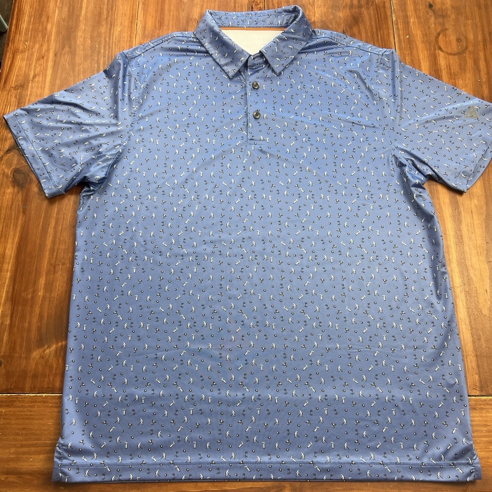 Maelreg‎ Polo Shirt Mens Large Performance Golf Blue Trophy Print Stretch